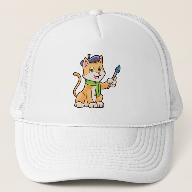 Cat as Painter with Brush & Scarf Trucker Hat (Front)