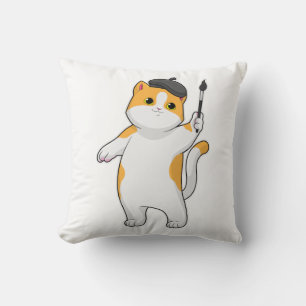 Cat as Painter with Paint brush Throw Pillow
