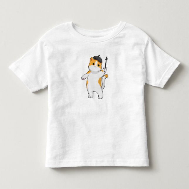 Cat as Painter with Paint brush Toddler T-shirt (Front)