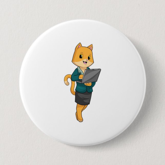 Cat as Secretary with Laptop 3 Inch Round Button (Front)