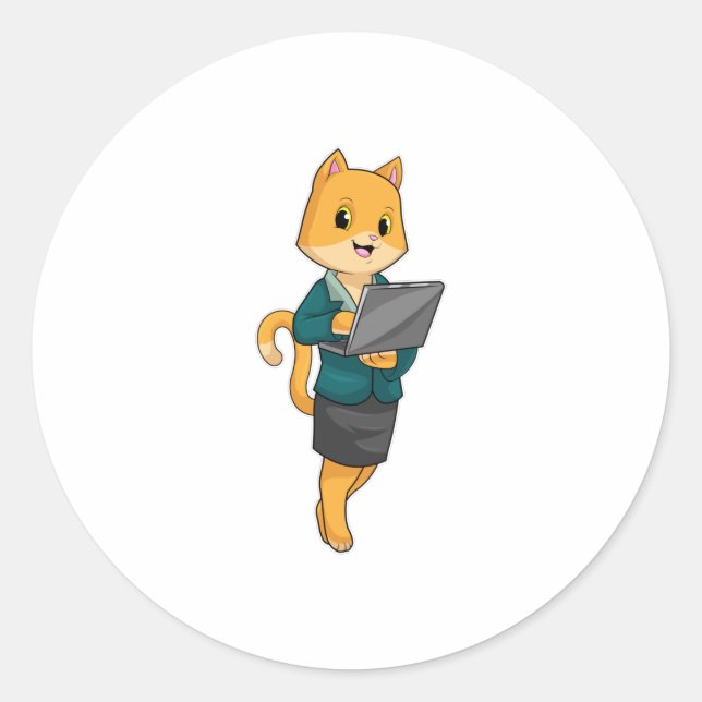 Cat as Secretary with Laptop Classic Round Sticker (Front)
