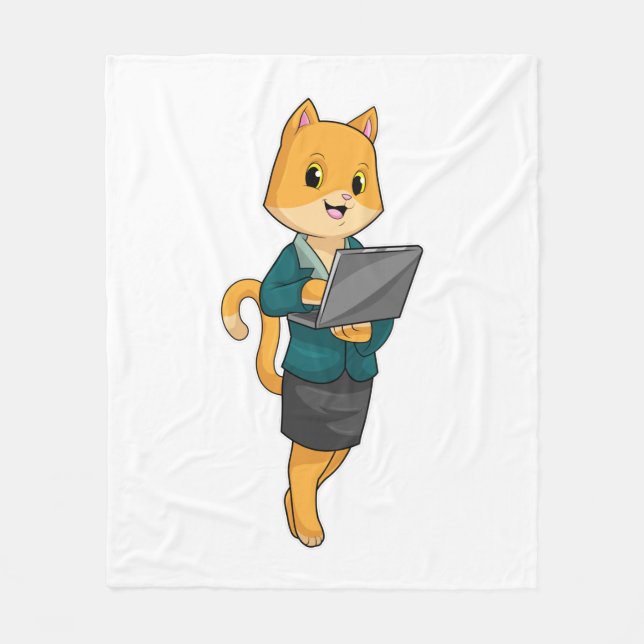 Cat as Secretary with Laptop Fleece Blanket (Front)