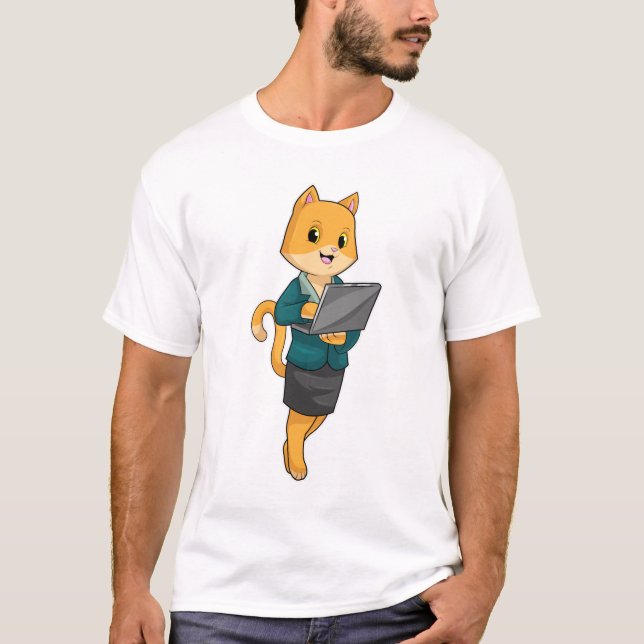 Cat as Secretary with Laptop T-Shirt (Front)