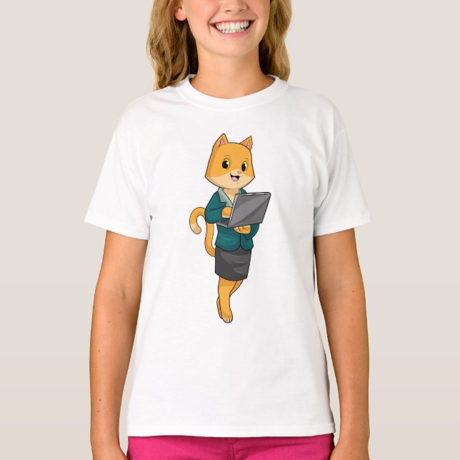 Cat as Secretary with Laptop T-Shirt (Front)