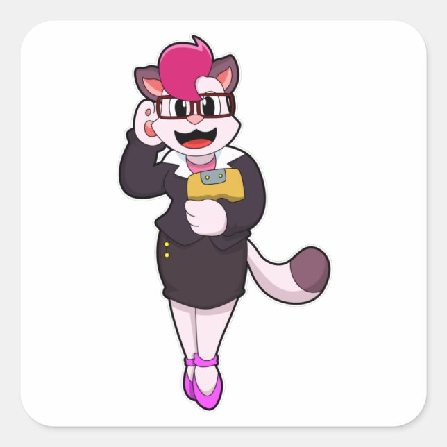 Cat as Secretary with Notepad Square Sticker (Front)