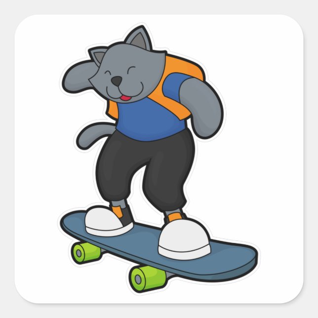Cat as Skateboarder with Skateboard Square Sticker (Front)