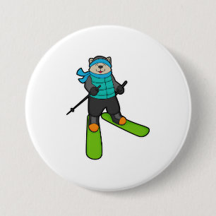 Cat as Skier with Ski 3 Inch Round Button