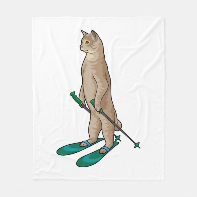 Cat as Skier with Ski & Ski poles Fleece Blanket (Front)