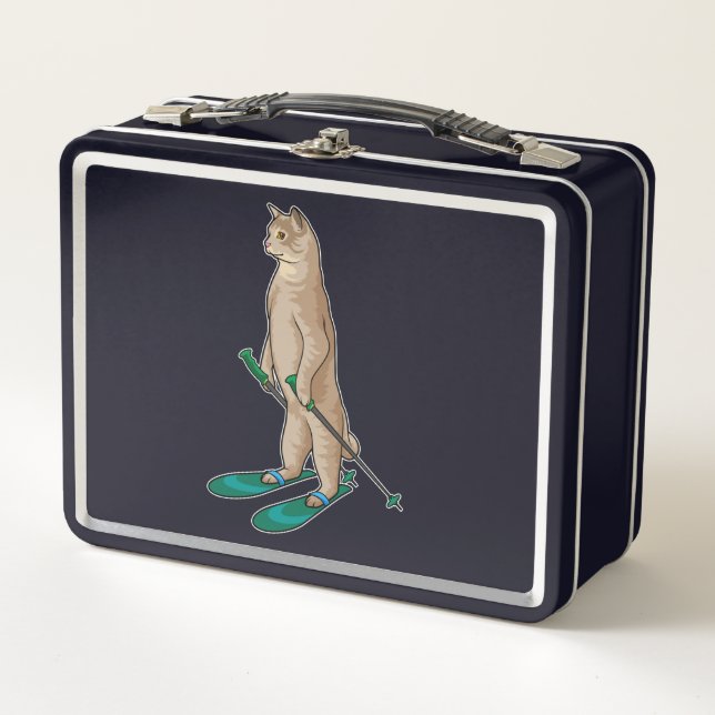 Cat as Skier with Ski & Ski poles Metal Lunch Box (Front)