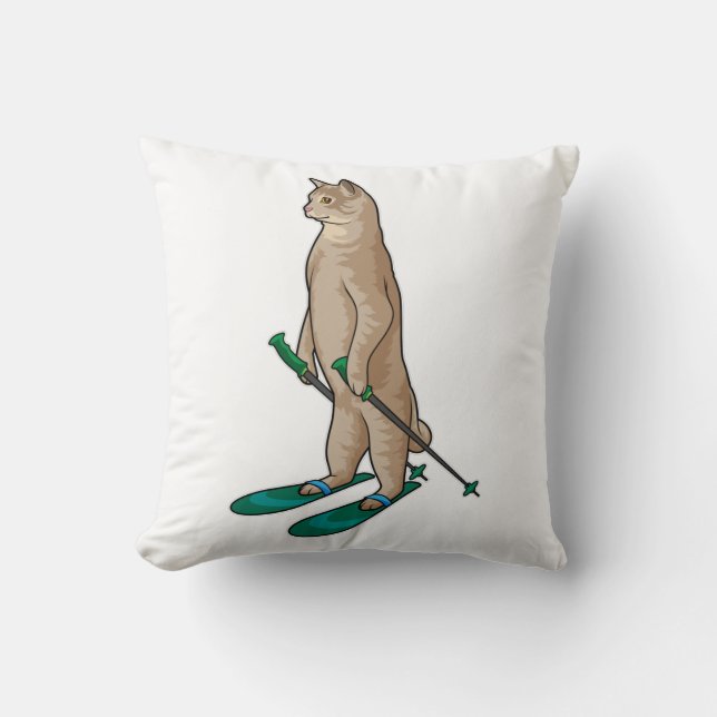 Cat as Skier with Ski & Ski poles Throw Pillow (Front)