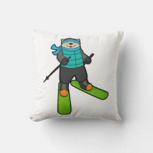 Cat as Skier with Ski Throw Pillow