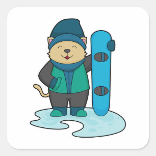 Cat as Snowboarder with Snowboard Square Sticker
