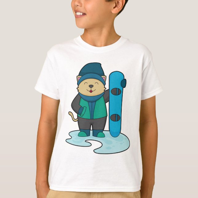 Cat as Snowboarder with Snowboard T-Shirt (Front)