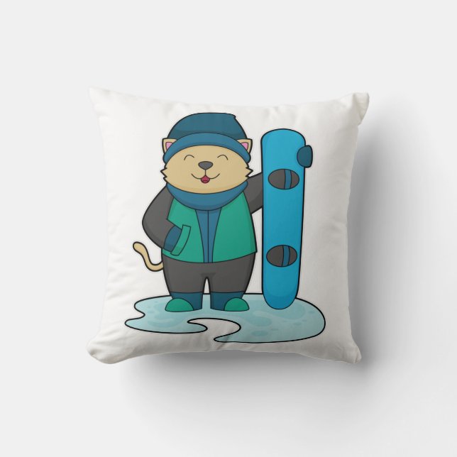 Cat as Snowboarder with Snowboard Throw Pillow (Front)