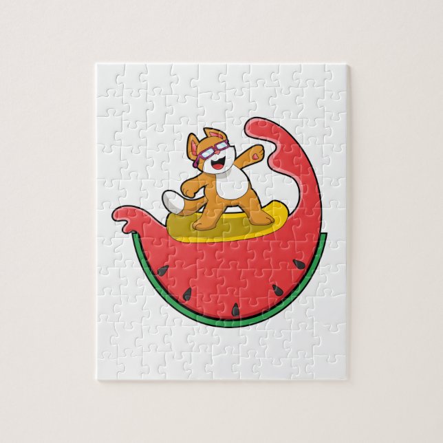 Cat as Surfer with Watermelon Jigsaw Puzzle (Vertical)