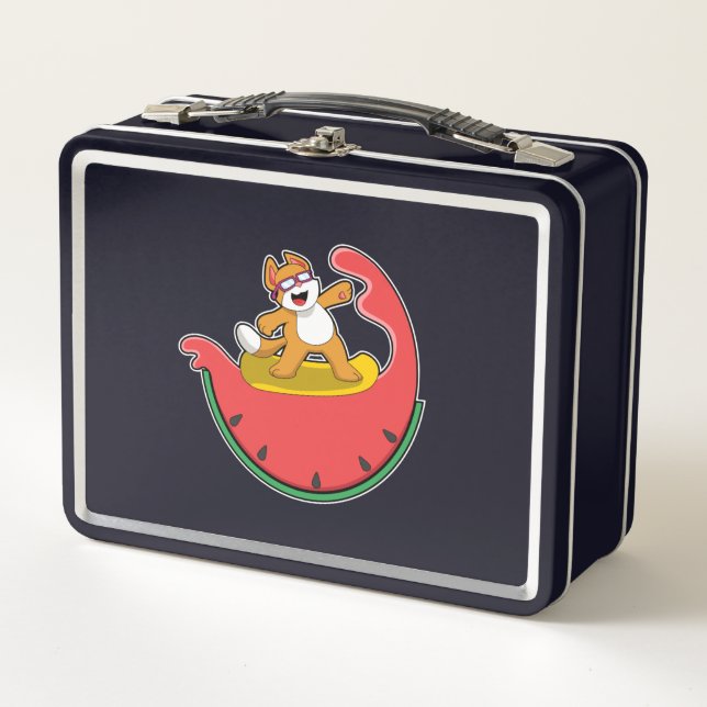 Cat as Surfer with Watermelon Metal Lunch Box (Front)