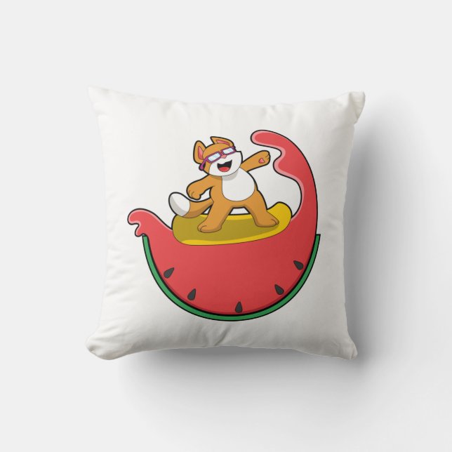 Cat as Surfer with Watermelon Throw Pillow (Front)