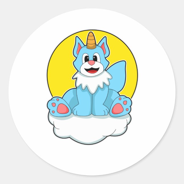 Cat as Unicorn on Clouds & Sun Classic Round Sticker (Front)