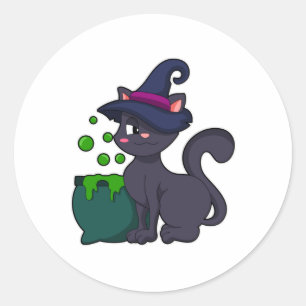 Cat as Witch with Cauldron Classic Round Sticker