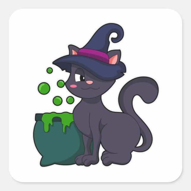 Cat as Witch with Cauldron Square Sticker (Front)