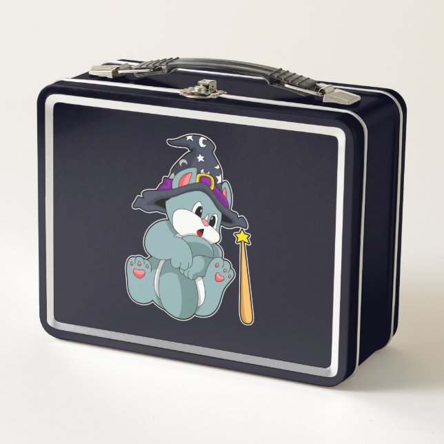 Cat as Wizard with Magic wand & Hat Metal Lunch Box (Front)