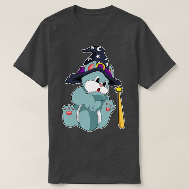 Cat as Wizard with Magic wand Hat T-Shirt (Design Front)