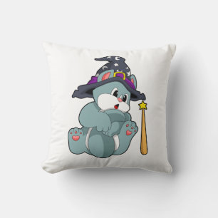 Cat as Wizard with Magic wand & Hat Throw Pillow