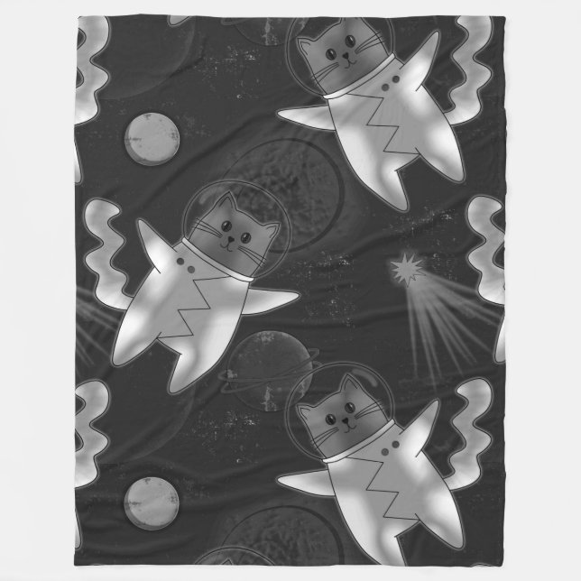 Cat astronaut in black and white. fleece blanket (Front)