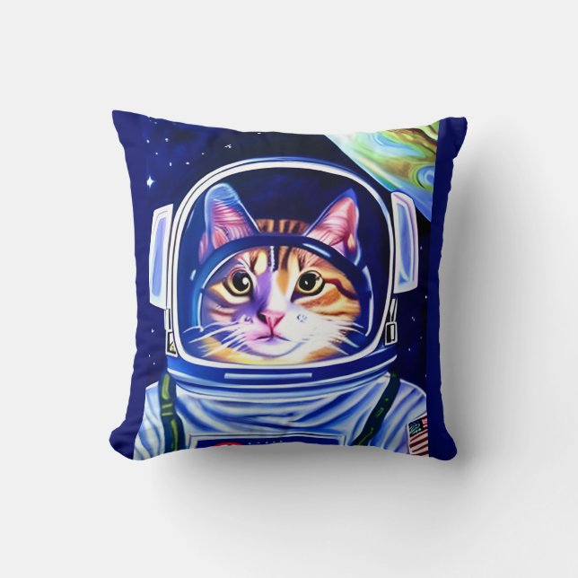 Cat Astronaut in Space Throw Pillow (Front)