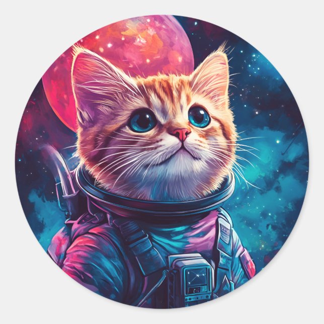 Cat astronaut pink space classic round sticker (Front)