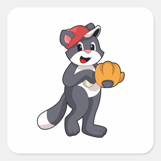 Cat at Baseball with Baseball glove.PNG Square Sticker (Front)
