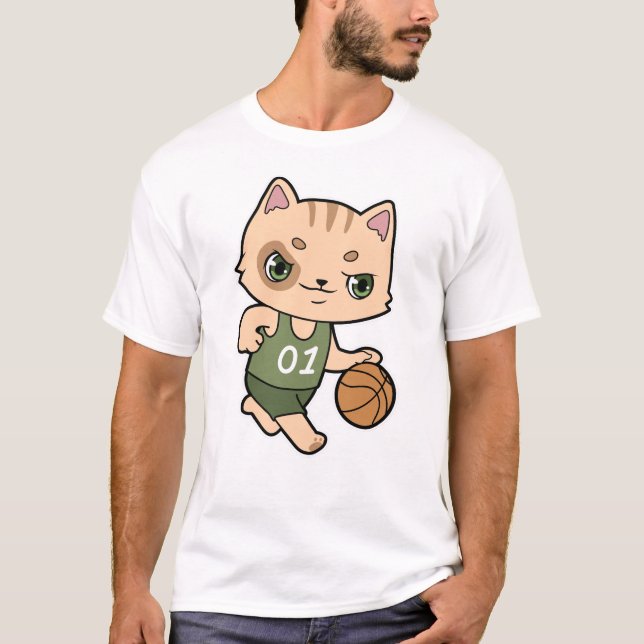Cat at Basketball Sports T-Shirt (Front)