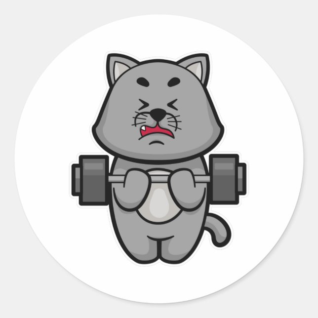 Cat at Biceps training with Barbell Classic Round Sticker (Front)
