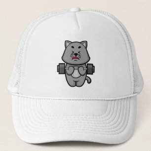 Cat at Biceps training with Barbell Trucker Hat