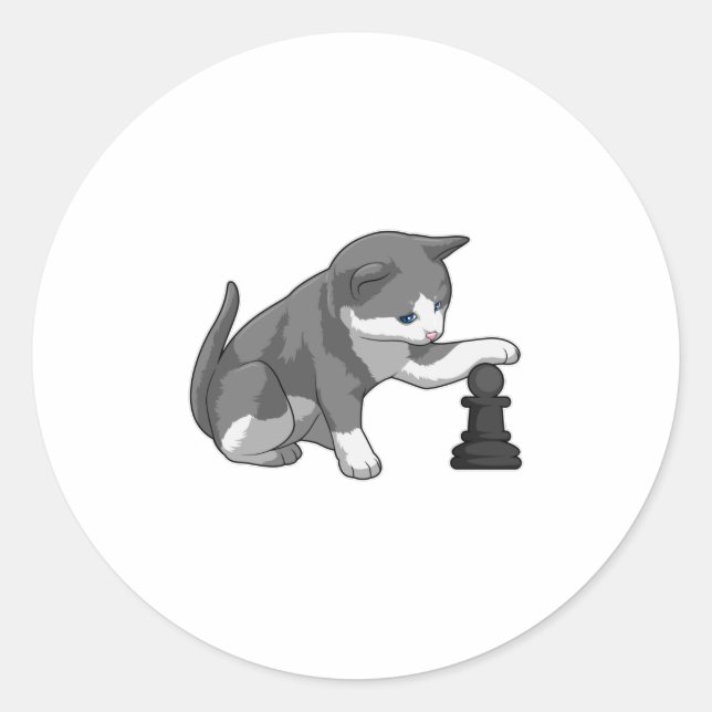 Cat at Chess with Chess piece Bishop Classic Round Sticker (Front)