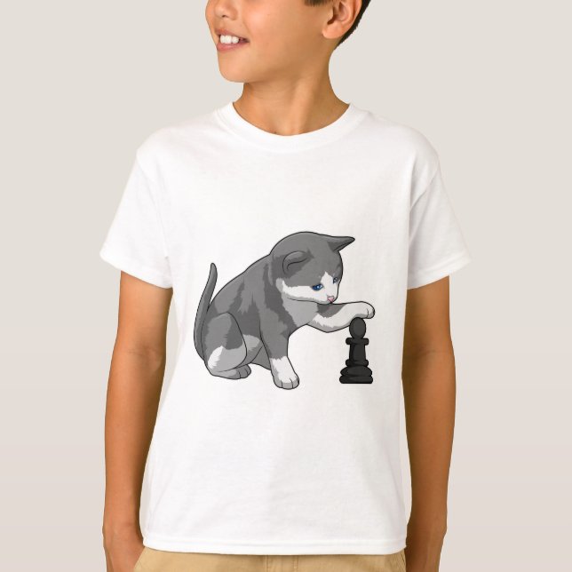 Cat at Chess with Chess piece Bishop T-Shirt (Front)