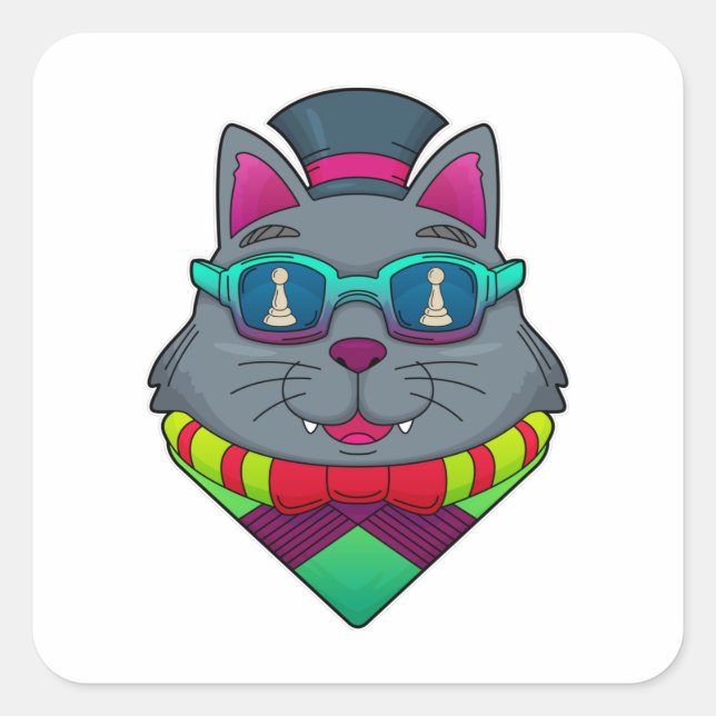 Cat at Chess with Chess piece Pawn Square Sticker (Front)