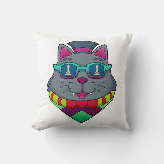 Cat at Chess with Chess piece Pawn Throw Pillow (Front)