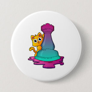 Cat at Chess with Chess piece Rook 3 Inch Round Button