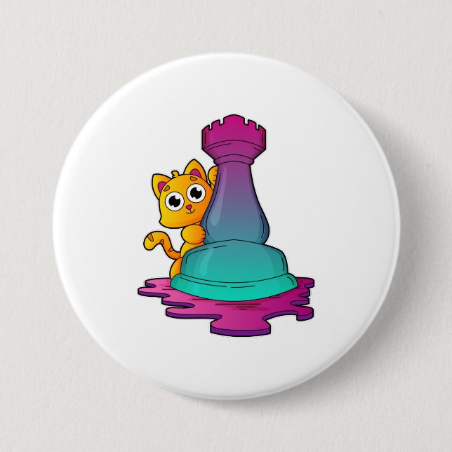 Cat at Chess with Chess piece Rook 3 Inch Round Button (Front)