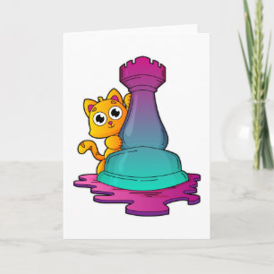 Cat at Chess with Chess piece Rook Card