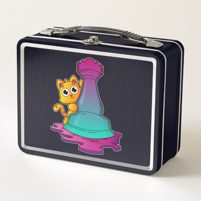 Cat at Chess with Chess piece Rook Metal Lunch Box (Front)