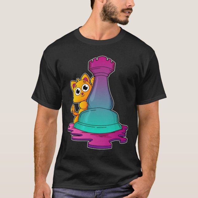 Cat at Chess with Chess piece Rook T-Shirt (Front)
