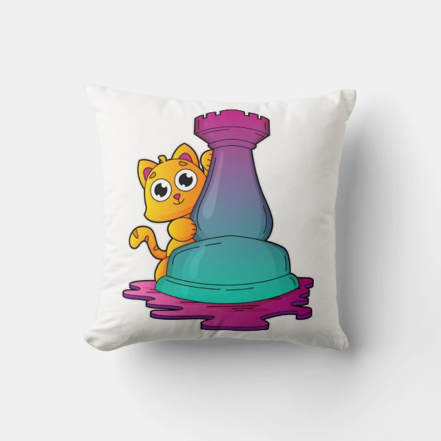 Cat at Chess with Chess piece Rook Throw Pillow (Front)