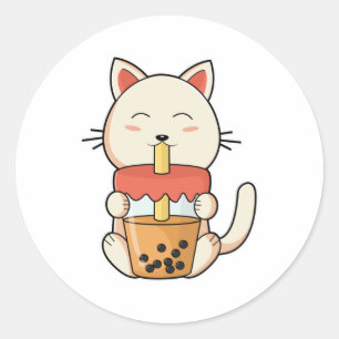 Cat at Drinking with Drinking straw Classic Round Sticker
