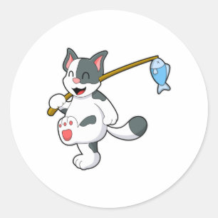 Cat at Fishing with Fishing rod Classic Round Sticker
