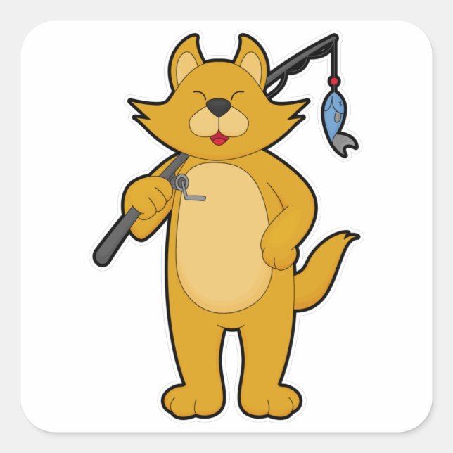 Cat at Fishing with Fishing rod & Fish Square Sticker (Front)