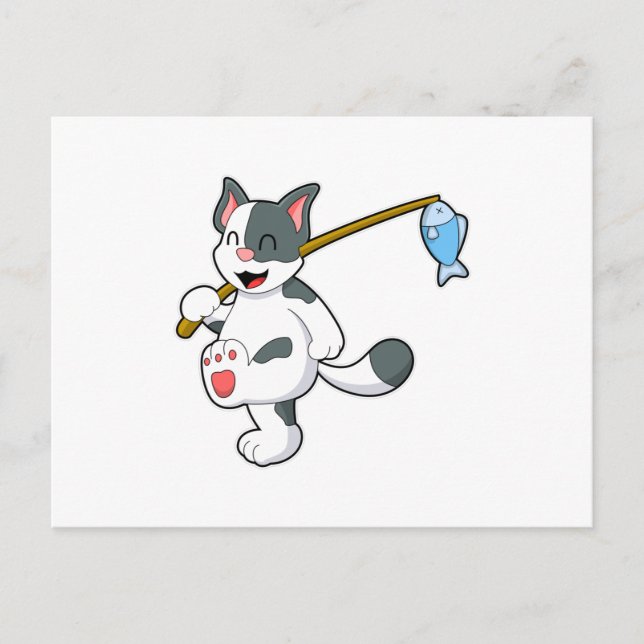 Cat at Fishing with Fishing rod Postcard (Front)
