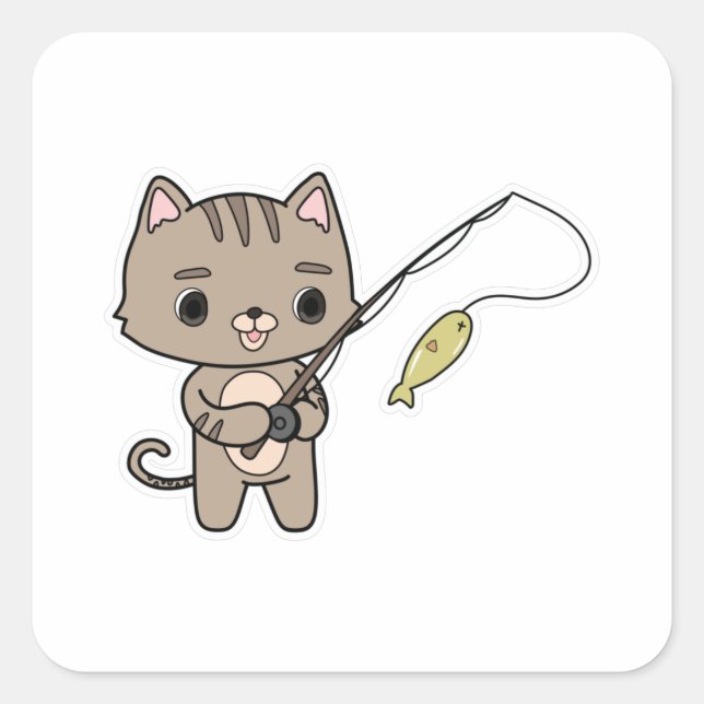 Cat at Fishing with Fishing rod Square Sticker (Front)