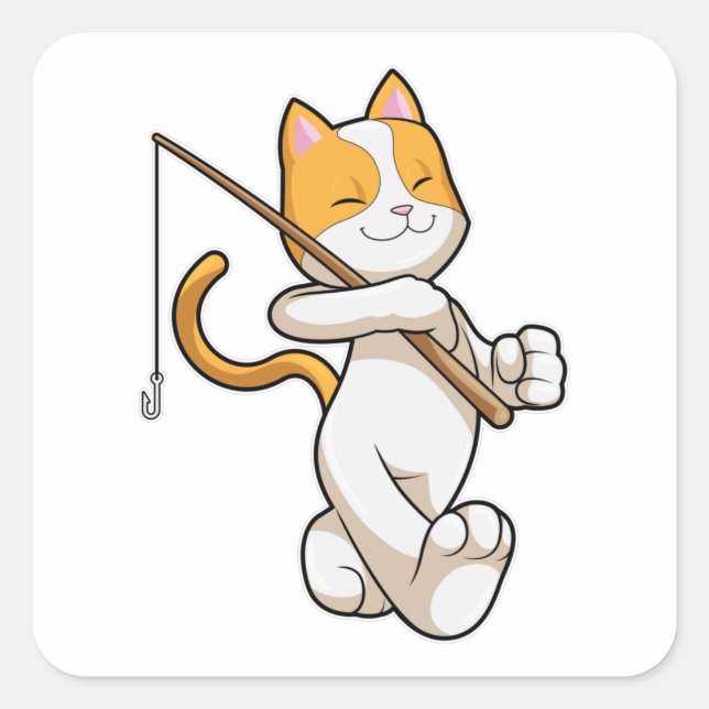Cat at Fishing with Fishing rod Square Sticker (Front)
